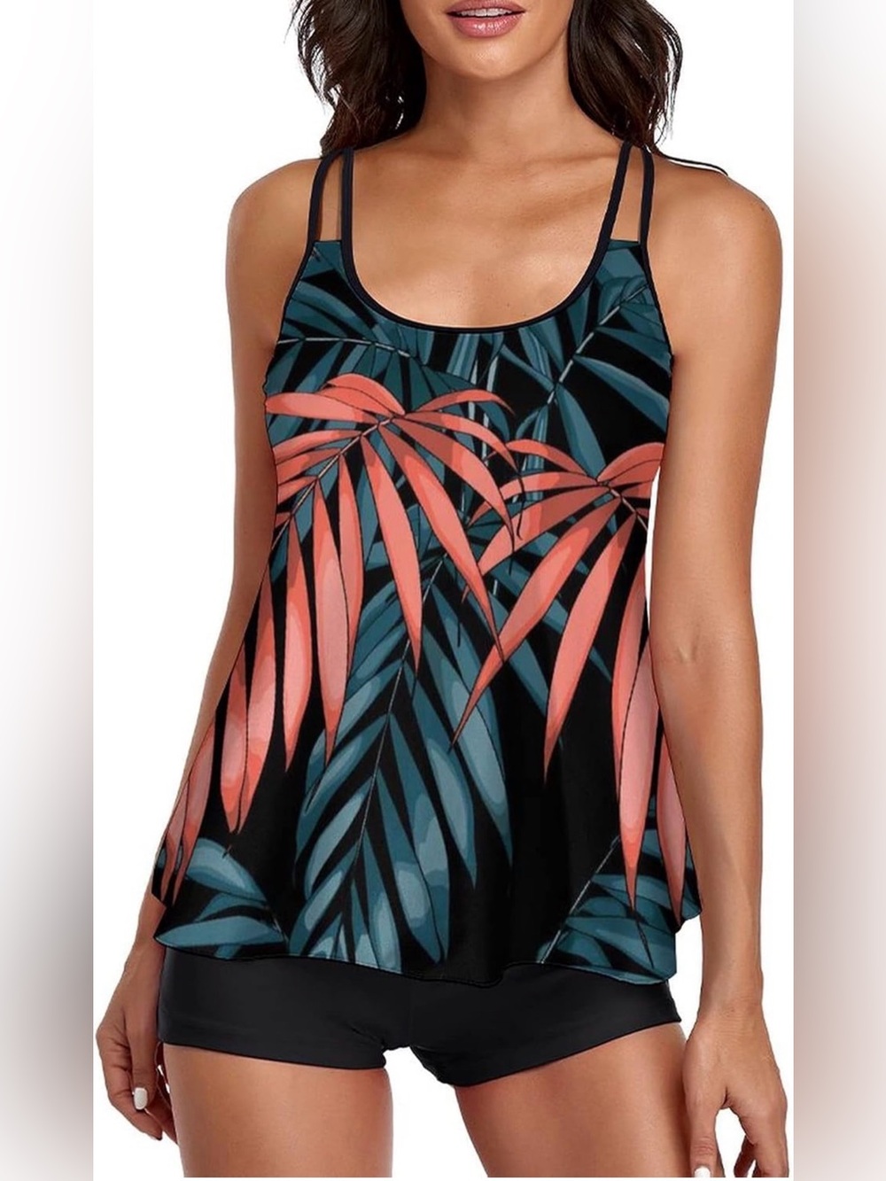 Women’s Black Tropical Leaf Print Swim Tankini Set
